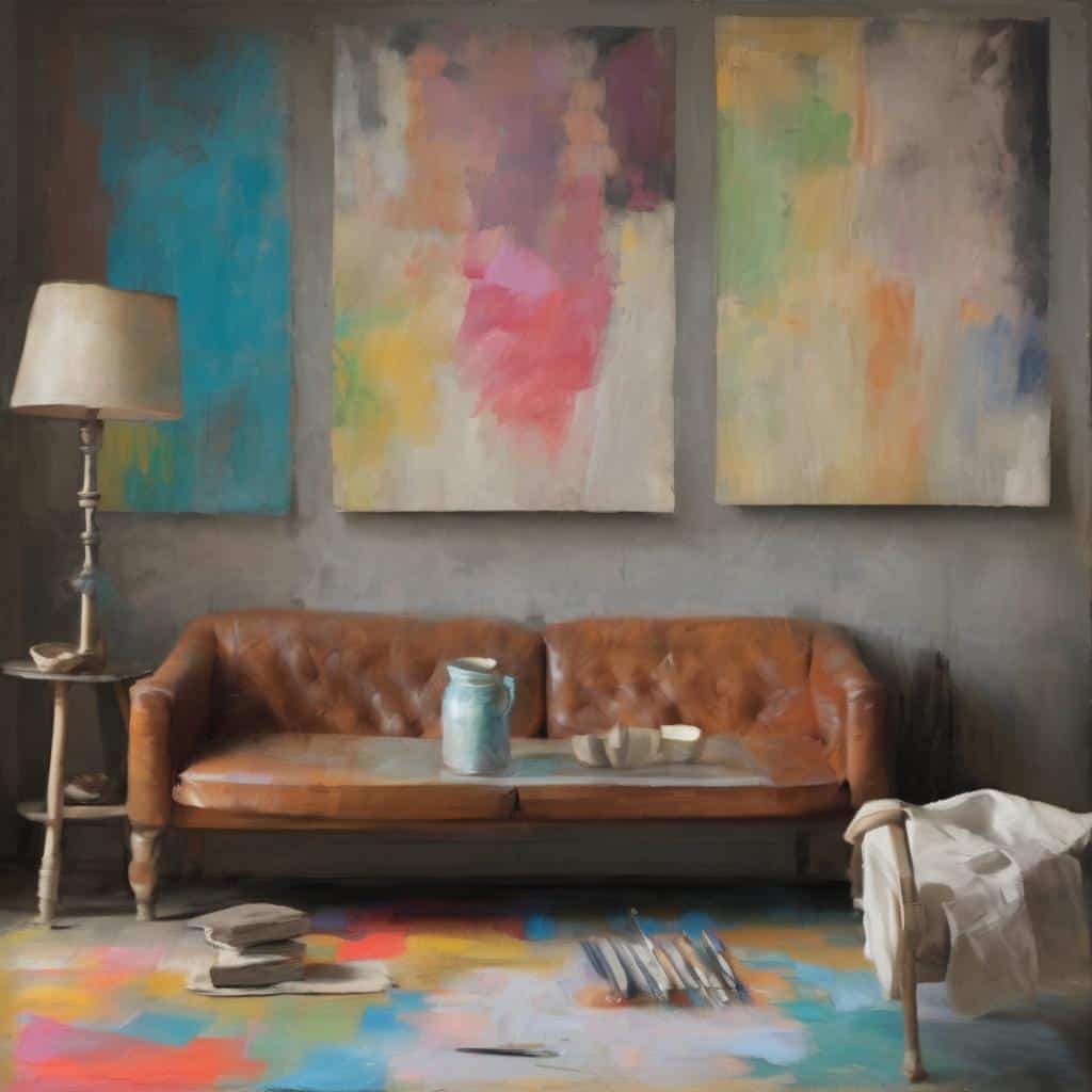 Ζωγραφικά έργα αφηρημένης τέχνης σε τοίχο και vintage καναπές σε εσωτερικό χώρο.