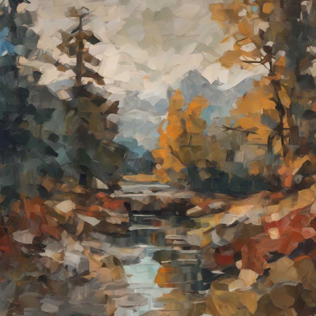 Χειροποίητη ζωγραφιά τοπίο με ποταμό και φθινοπωρινά δέντρα, ρεαλιστική τέχνη.