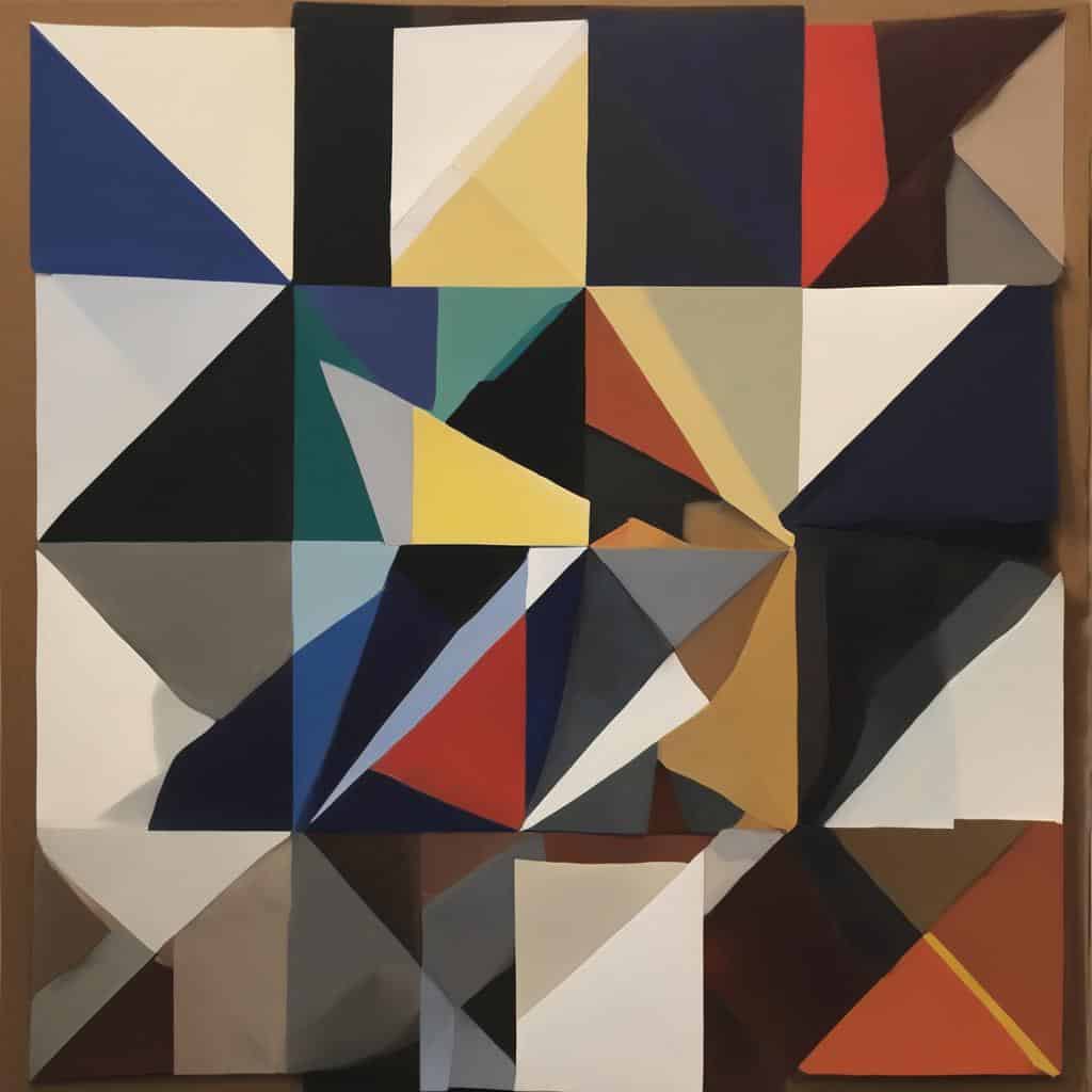 Ζωγραφική γεωμετρικού ρεαλισμού με έντονα χρώματα και σχηματισμούς, εμπνευσμένη από το έργο "Η Πορεία από το Σύμβολο στο Ρεαλισμό".