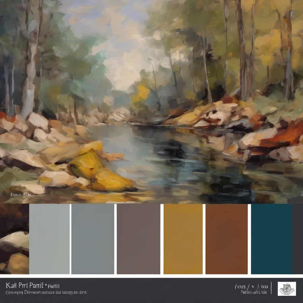 Ζωγραφιά τοπίου με ποταμό και δέντρα, σε ρεαλιστικό ύφος, με έμφαση στη φύση.