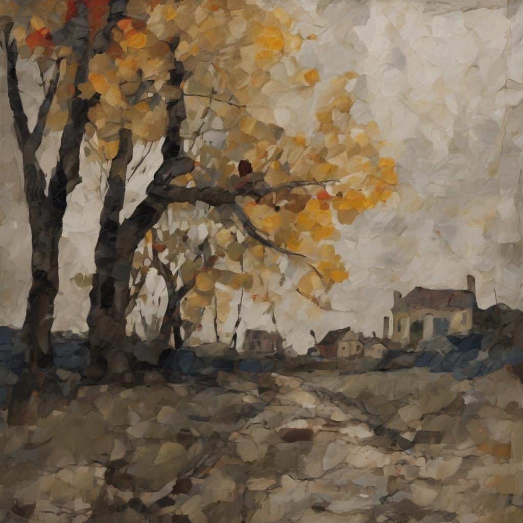 Φθινοπωρινό τοπίο με δέντρα και σπίτια σε ρεαλιστικό ύφος, αποτυπώνοντας την πορεία από το σύμβολο στο ρεαλισμό.